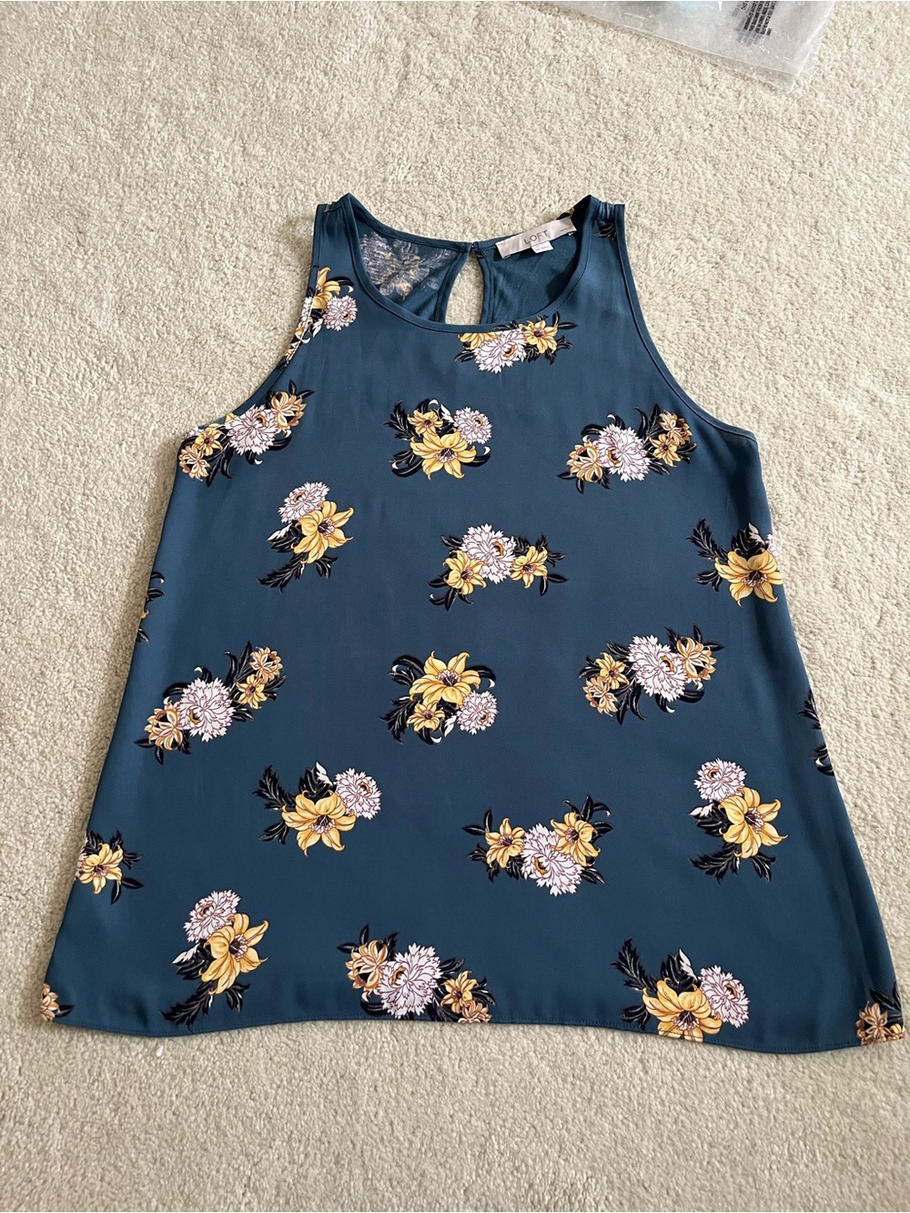 LOFT Teal Floral Racerback Tank with Yellow & Cream Blooms